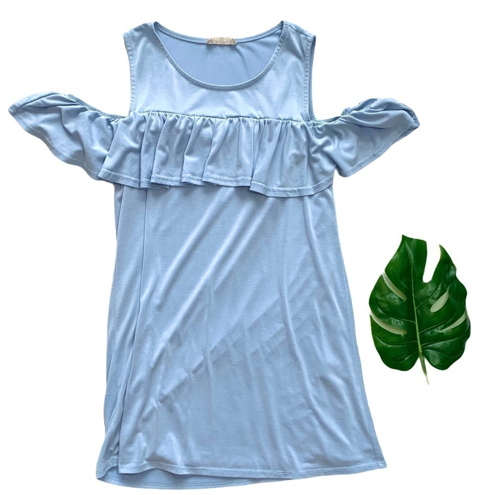Altar’d State Solid Powder Blue Cold Shoulder Ruffled Shift Dress Small - Picture 15 of 15